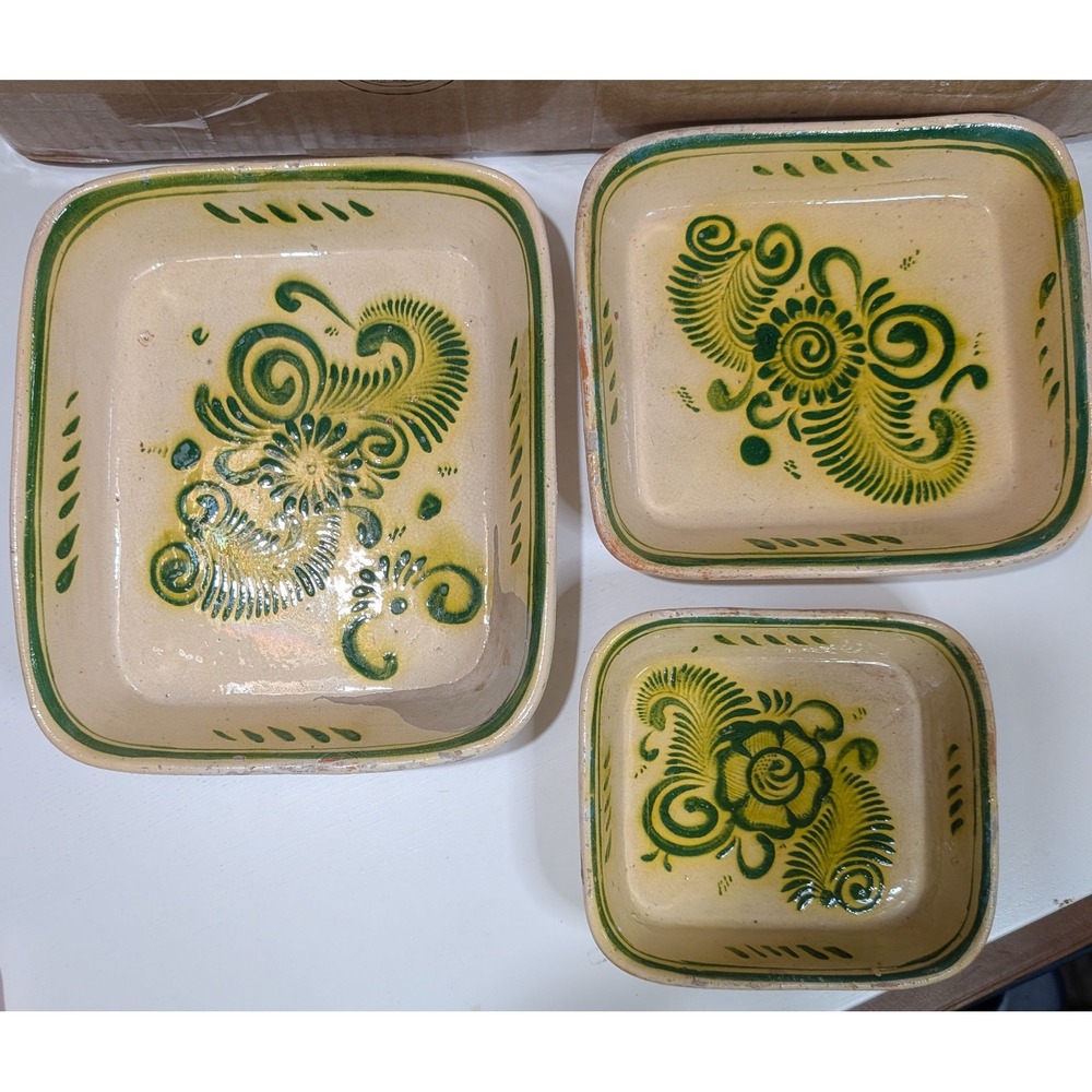 Vintage Tonala Mexican Casserole Dishes Hand painted Set Of 3